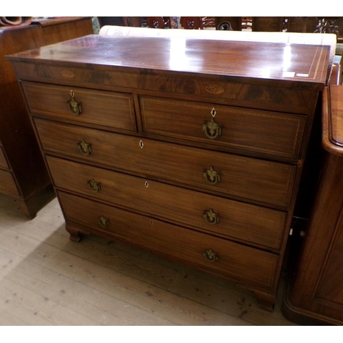 2097 - LATE 19C MAHOGANY INLAID CHEST OF TWO SHORT AND THREE LONG DRAWERS, 125CM W, 111CM H