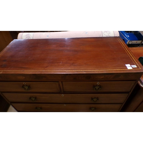 2097 - LATE 19C MAHOGANY INLAID CHEST OF TWO SHORT AND THREE LONG DRAWERS, 125CM W, 111CM H