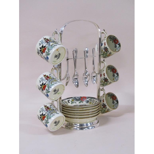 1769 - SILVER PLATED STAND WITH SIX COALPORT COFFEE CANS AND SAUCERS