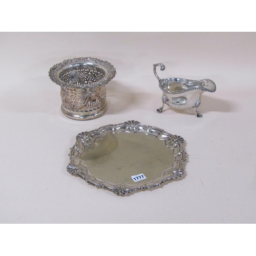 1777 - SILVER PLATED TRAY, SILVER PLATED WINE BOTTLE COASTER AND A SILVER PLATED GRAVY BOAT