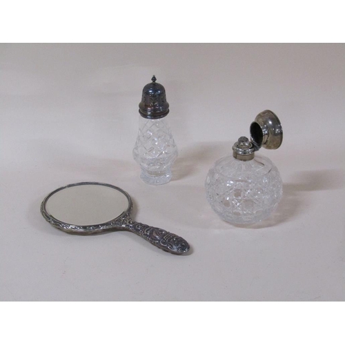 1778 - SILVER BACKED MIRROR, SILVER TOPPED SCENT BOTTLE AND A SILVER TOPPED SIFTER