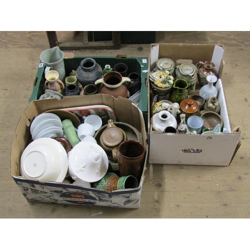 407 - THREE BOXES OF MIXED CERAMICS - ART POTTERY ETC