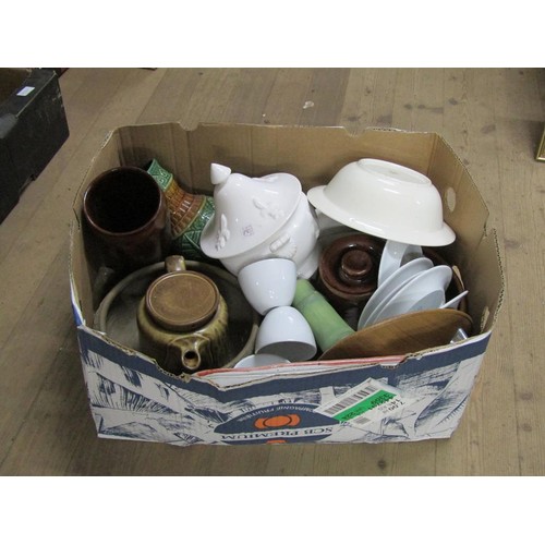 407 - THREE BOXES OF MIXED CERAMICS - ART POTTERY ETC