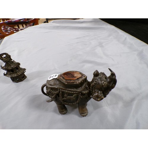 1474 - REPLICA ORIENTAL PATINATED BRONZED CENSER MOUNTED WITH ELEPHANT, 24CM H