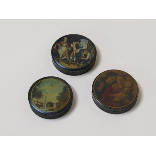 100 - Three 19c papier mache circular box and covers, black lacquered, each with a coloured scene on the l... 