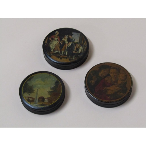 100 - Three 19c papier mache circular box and covers, black lacquered, each with a coloured scene on the l... 