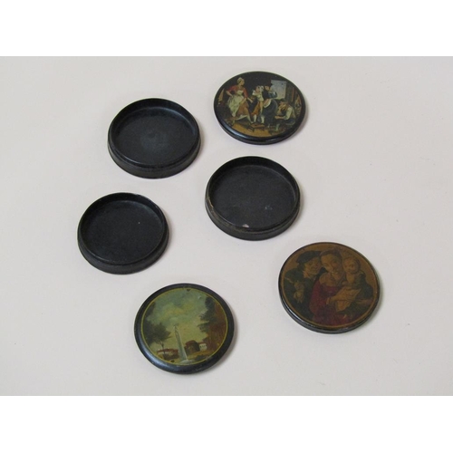 100 - Three 19c papier mache circular box and covers, black lacquered, each with a coloured scene on the l... 