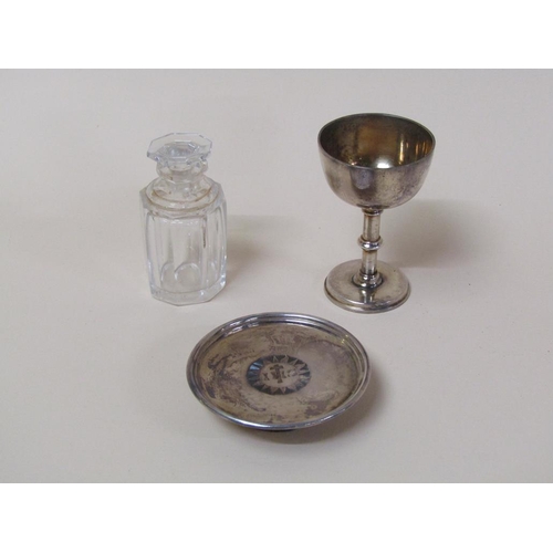 101 - An early 20c travelling communion set, silver plated and with cut glass holy water bottle and stoppe... 