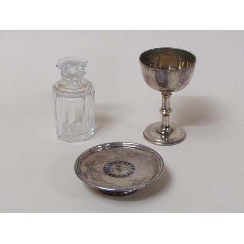 101 - An early 20c travelling communion set, silver plated and with cut glass holy water bottle and stoppe... 