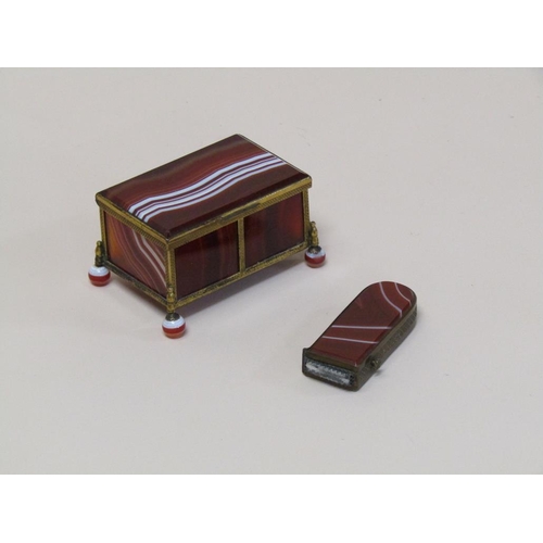 103 - An early 20c banded agate and brass framed box on agate ball feet, together with a vesta case of sim... 