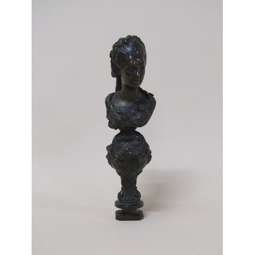 108 - A 19c patinated bronze seal stamp in the form of the bust of a lady, 10cm h.