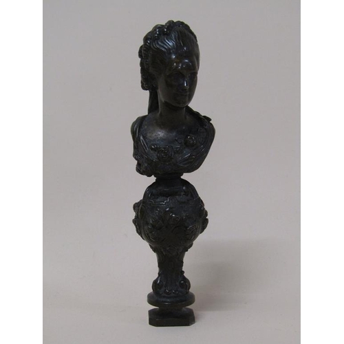 108 - A 19c patinated bronze seal stamp in the form of the bust of a lady, 10cm h.