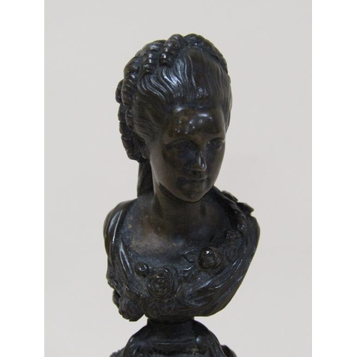 108 - A 19c patinated bronze seal stamp in the form of the bust of a lady, 10cm h.