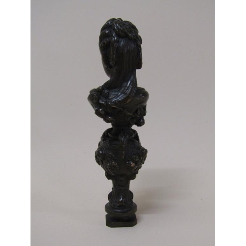 108 - A 19c patinated bronze seal stamp in the form of the bust of a lady, 10cm h.