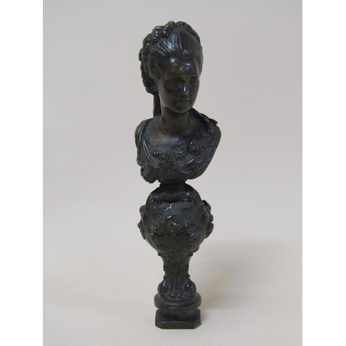 108 - A 19c patinated bronze seal stamp in the form of the bust of a lady, 10cm h.