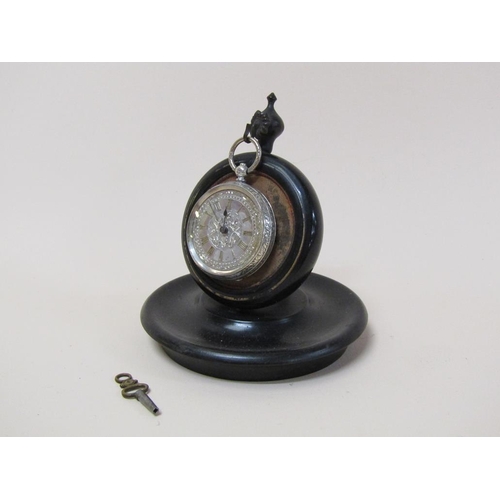 110 - A late Victorian ebonised watch stand together with a silver cased and silver faced fob watch, 11.5c... 