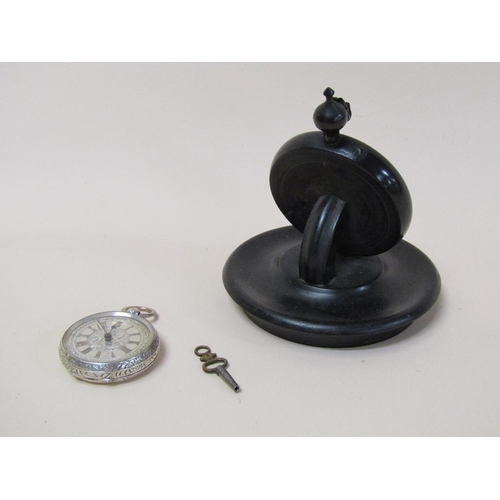 110 - A late Victorian ebonised watch stand together with a silver cased and silver faced fob watch, 11.5c... 