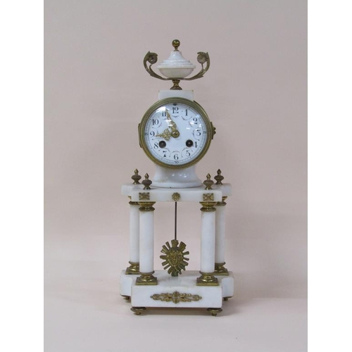 17 - A mid 19c French mantel clock in white marble case, the gilt drum of the movement supported on four ... 