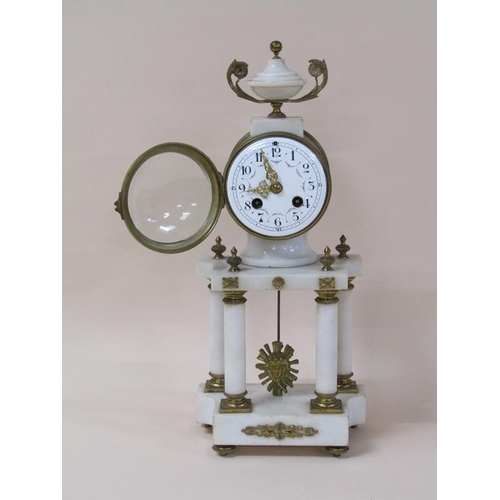 17 - A mid 19c French mantel clock in white marble case, the gilt drum of the movement supported on four ... 