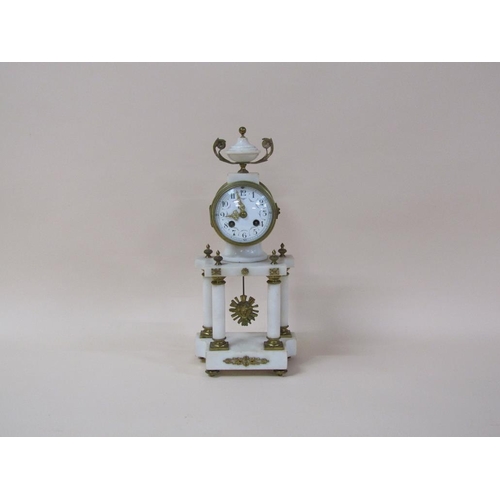 17 - A mid 19c French mantel clock in white marble case, the gilt drum of the movement supported on four ... 