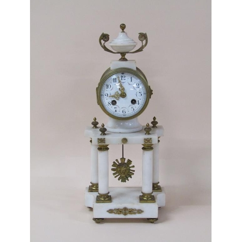 17 - A mid 19c French mantel clock in white marble case, the gilt drum of the movement supported on four ... 