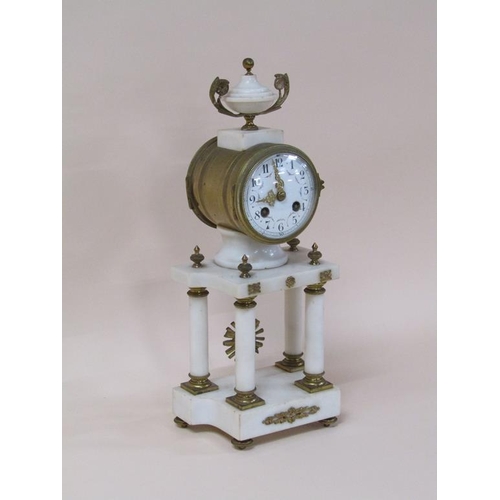 17 - A mid 19c French mantel clock in white marble case, the gilt drum of the movement supported on four ... 