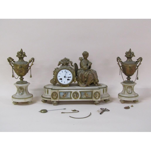 31 - A late 19c French garniture de Cheminée comprising a figural mantel clock and two urns.  The clock d... 