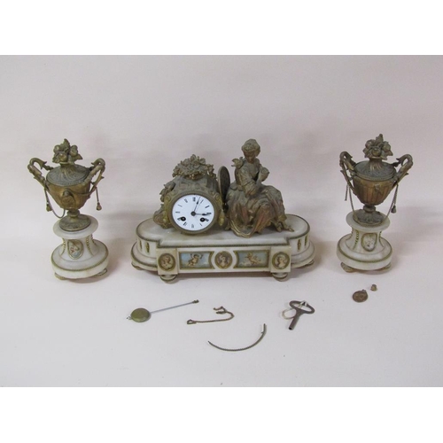 31 - A late 19c French garniture de Cheminée comprising a figural mantel clock and two urns.  The clock d... 