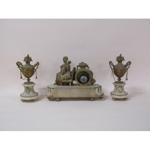 31 - A late 19c French garniture de Cheminée comprising a figural mantel clock and two urns.  The clock d... 