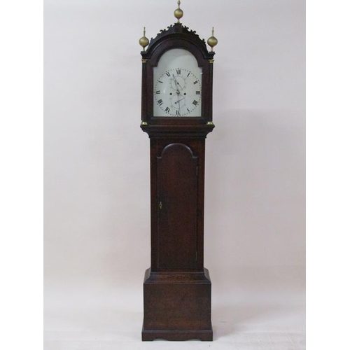 40 - A late 18c eight day longcase clock, the 30cm arched painted dial having Roman numerals and seconds ... 