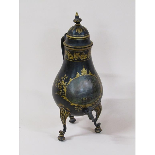 65 - An early 19c Dutch samovar in the form of a baluster metal jug with pouring spout, black lacquered a... 