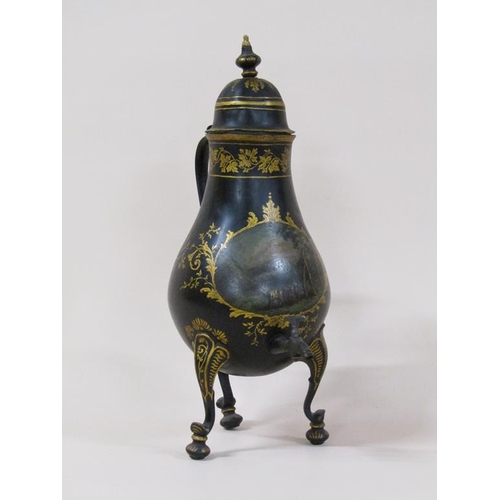 65 - An early 19c Dutch samovar in the form of a baluster metal jug with pouring spout, black lacquered a... 