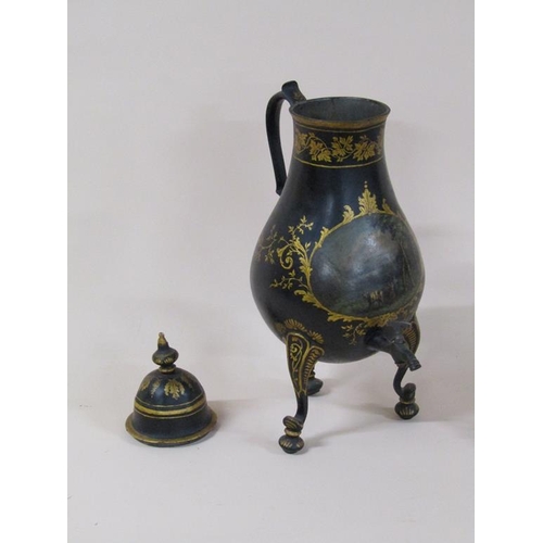 65 - An early 19c Dutch samovar in the form of a baluster metal jug with pouring spout, black lacquered a... 