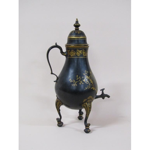 65 - An early 19c Dutch samovar in the form of a baluster metal jug with pouring spout, black lacquered a... 