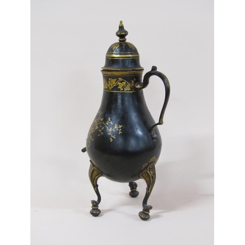 65 - An early 19c Dutch samovar in the form of a baluster metal jug with pouring spout, black lacquered a... 