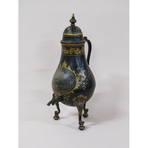 65 - An early 19c Dutch samovar in the form of a baluster metal jug with pouring spout, black lacquered a... 