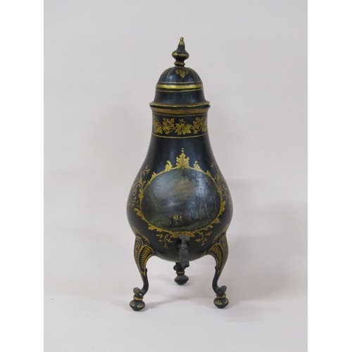 65 - An early 19c Dutch samovar in the form of a baluster metal jug with pouring spout, black lacquered a... 