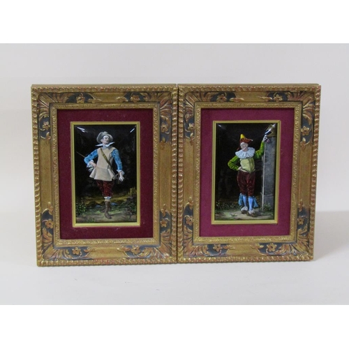 66 - A pair of late 19c Theophile Soyer Limoges enamel plaques, depicting a Cavalier and a Jester, gilt f... 