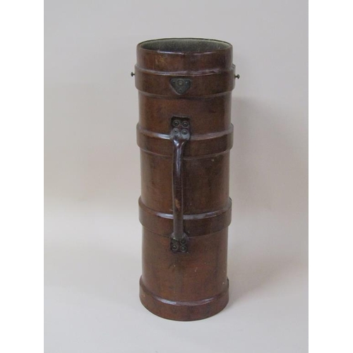 68 - A 19c brown leather canvas two handled powder/shot carrier of cylindrical form, 73cm h.