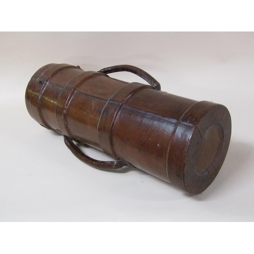 68 - A 19c brown leather canvas two handled powder/shot carrier of cylindrical form, 73cm h.