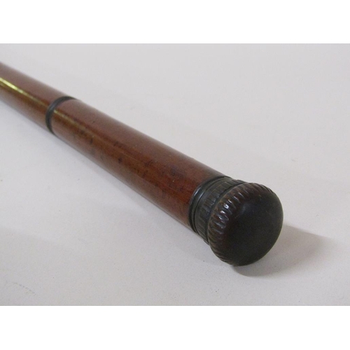 69 - A late 19c wooden walking cane with a secret spirit flask and tot, 89cm l.