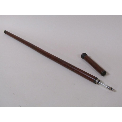 69 - A late 19c wooden walking cane with a secret spirit flask and tot, 89cm l.