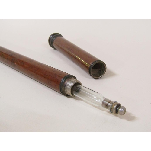 69 - A late 19c wooden walking cane with a secret spirit flask and tot, 89cm l.