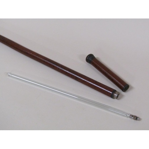 69 - A late 19c wooden walking cane with a secret spirit flask and tot, 89cm l.