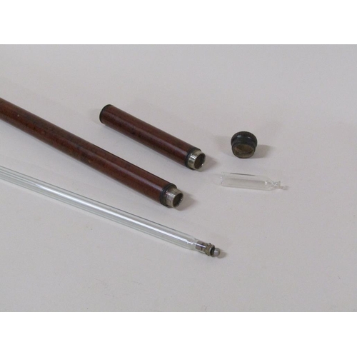 69 - A late 19c wooden walking cane with a secret spirit flask and tot, 89cm l.