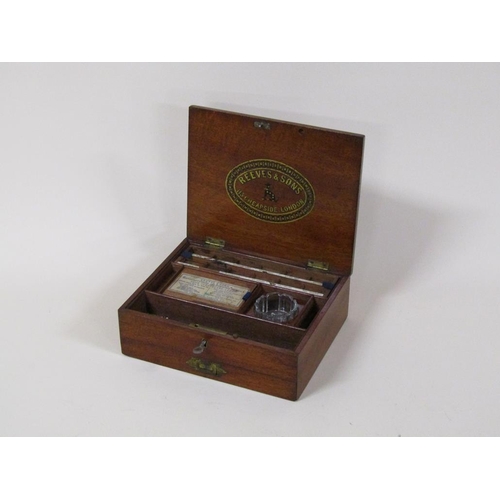 73 - An early 20c Reeves & Sons mahogany artists box, fitted, with locking base drawer, 21cm w, 17cm h.