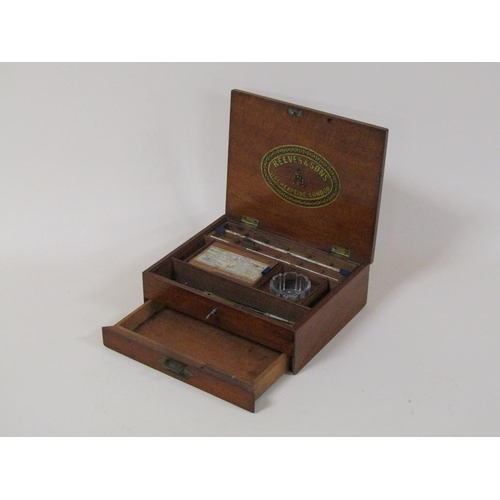 73 - An early 20c Reeves & Sons mahogany artists box, fitted, with locking base drawer, 21cm w, 17cm h.