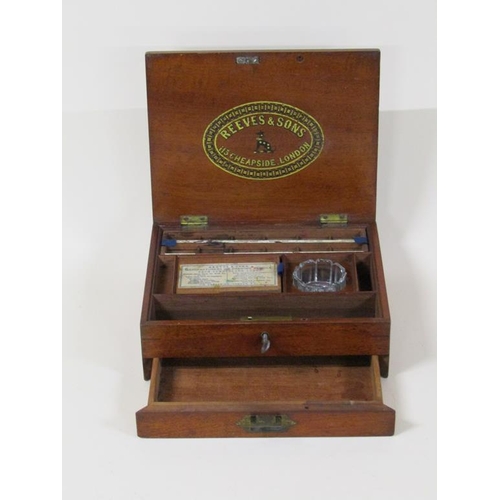 73 - An early 20c Reeves & Sons mahogany artists box, fitted, with locking base drawer, 21cm w, 17cm h.