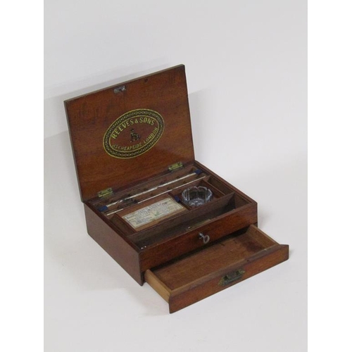 73 - An early 20c Reeves & Sons mahogany artists box, fitted, with locking base drawer, 21cm w, 17cm h.