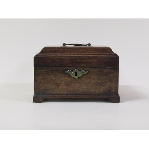 74 - A late Georgian mahogany three compartment tea caddy of sarcophagus form with hinged cover, central ... 